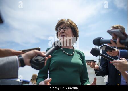 Washington, United States. 22nd July, 2021. Sen. Susan Collins, R-Maine, speaks to reporters after voting in the Senate chambers at the US Capitol on Thursday, July 22, 2021. Photo by Bonnie Cash/UPI Credit: UPI/Alamy Live News Stock Photo