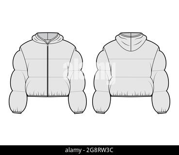 Hooded jacket Down puffer coat technical fashion illustration with long sleeves, zip-up closure, boxy fit, crop length, wide quilting. Flat template front, back, grey color. Women, men top CAD Stock Vector