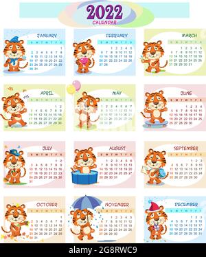 Cute Tiger Wall Calendar Template for 2022, Year of the Tiger, Chinese Calendar, A4. Week starts on Sunday. Cartoon Stock Vector