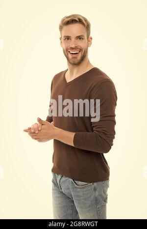 Beard grooming and hair care in hairdresser. Well groomed handsome man. styles of male clothes. happy man has trendy hairstyle. Guy wear casual outfit Stock Photo