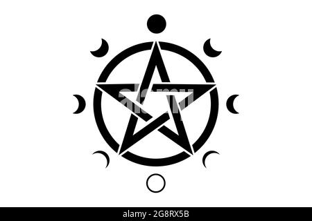 Pentacle circle symbol and Phases of the moon. Wiccan symbol, full moon, waning, waxing, first quarter, gibbous, crescent, third quarter. Vector mysti Stock Vector