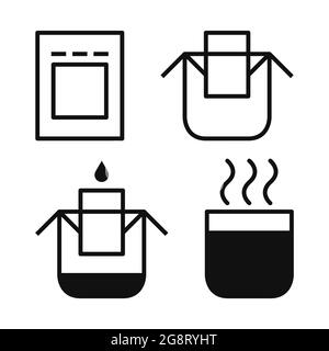 Drip bag coffee brewing instruction icons set Stock Vector