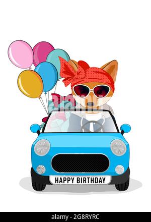 Cute Fox in the car with gifts and balloons. Suitable for posters, prints, and cards. Stock Vector
