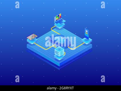 Cloud computing concept with connected devices such as tablet, notebook, server, smart phone. 3d isometric vector illustration in modern design. Stock Vector