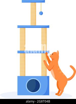 Cat tree or house with scratching posts. Cute red cat interested in cat tower and scratching it. Cat playground with claw sharpeners. Flat style Stock Vector