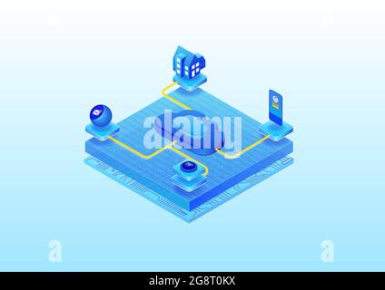 Cloud computing and smart home concept. 3d isometric vector illustration of connected devices via the internet of things. Stock Vector