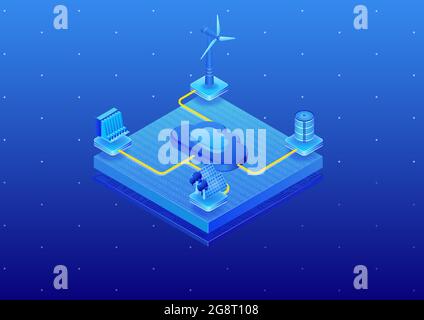 Cloud computing and sustainable energy concept. 3d isometric vector illustration. Cloud computing to support the generation of renewable energy source Stock Vector