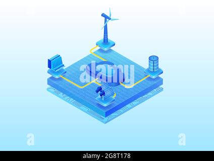 Cloud computing and sustainable energy concept. 3d isometric vector illustration. Cloud computing to support the generation of renewable energy source Stock Vector