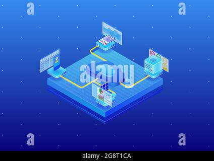 Big data and cloud computing concept. Data analysis of data generated by devices such as smart phone and notebook. 3d isometric vector illustration in Stock Vector