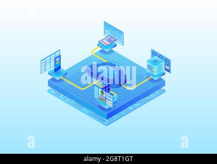Big data and cloud computing concept. Data analysis of data generated by devices such as smart phone and notebook. 3d isometric vector illustration in Stock Vector