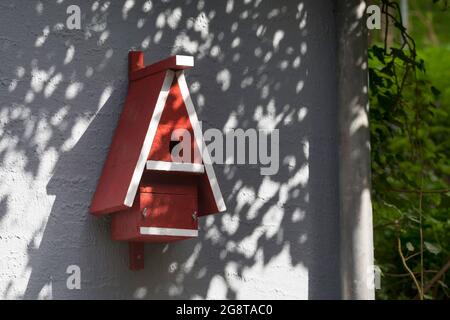 self-made nesting box for birds at a house wall, Germany Stock Photo