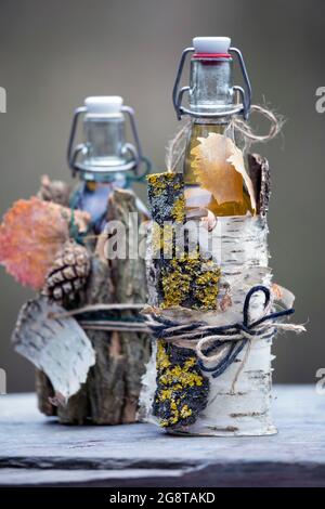 decoration of bottles with bark, Germany Stock Photo
