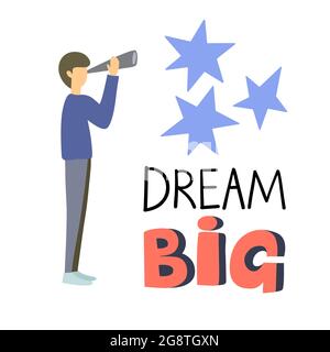 Man looks at the stars through a spyglass in cartoon style isolated on white background, conceptual illustration, dream big. Stock Vector