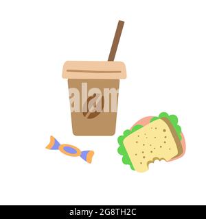 Coffee paper cup, a bitten sandwich and a candy cane isolated on a white background. Conceptual illustration on the theme of breakfast. Stock Vector