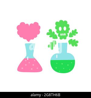 Two flasks, pink with heart-shaped smoke and green with skull-shaped smoke Conceptual illustration about death and love. Stock Vector