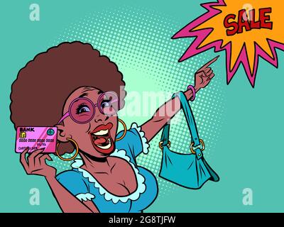 african woman with a credit card shouts discount sale. The buyer points with his hand Stock Vector