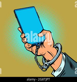 smartphone addiction. The man hand is chained to the phone. Gadgets internet online social networks Stock Vector