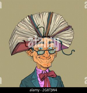an old man with a book. A scientist or a librarian. Tutorial instead of a hairstyle on your head Stock Vector