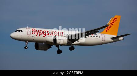 Airplane of Pegasus airlines during landing in airport Stock Photo