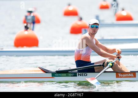 TOKYO, JAPAN - JULY 23: Melvin Twellaar of the Netherlands competing on Men's Double Sculls Heat 3 during the Tokyo 2020 Olympic Games at the Sea Forest Waterway on July 23, 2021 in Tokyo, Japan (Photo by Ronald Hoogendoorn/Orange Pictures) NOCNSF