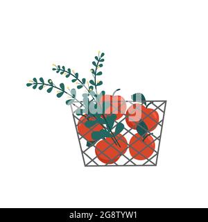 Red apples and flowers in a metal basket, autumn harvest. Vector illustration in flat style Stock Vector