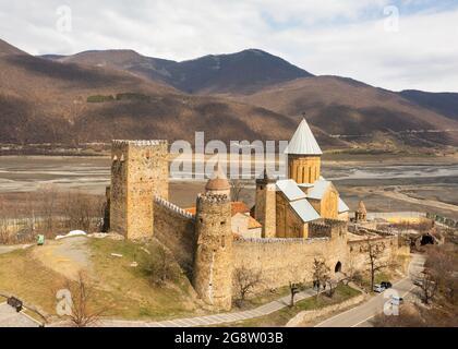 View from drone of ancient Ananuri Castle complex, Georgia Stock Photo