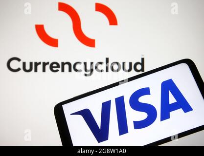 Ukraine. 22nd July, 2021. In this photo illustration a Visa logo is seen on a smartphone screen with a Currencycloud logo in the background. (Photo by Pavlo Gonchar/SOPA Images/Sipa USA) Credit: Sipa USA/Alamy Live News Stock Photo