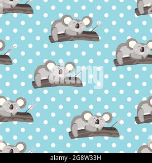 Seamless pattern with cute koala baby and flowers on color polka dots background. Funny australian animals. Card, postcards for kids. Flat vector Stock Vector