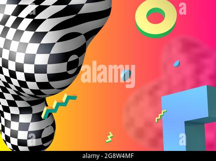 Abstract background with flying colorful 3D geometric shapes over vibrant gradient backdrop. Abstraction with checkered shape in 90s style. Stock Vector