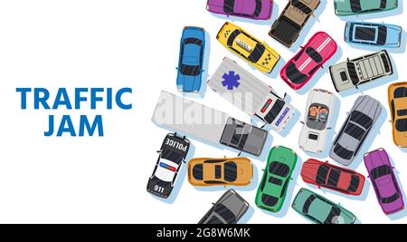 White Road with Different Vehicles in Traffic Jam. Stock Vector