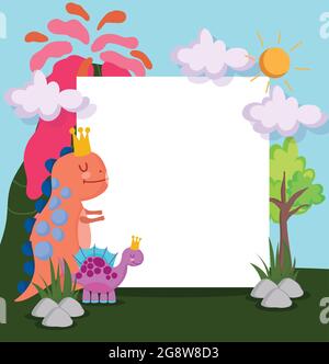 cute dinosaurs and blank sign Stock Vector