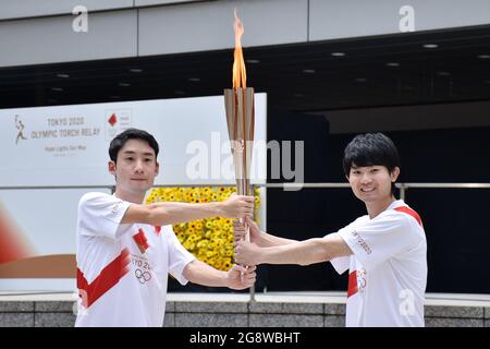 Tokyo Japan July 23 21 Japanese Athletes Attend A Ceremony To Finish The Olympic Torch Relay Lit In Fukushima Prefecture On March 25 The Olympic Flame Has Since Travelled Across All 47 Japanese Prefectures Tokyo Was To Host The Summer