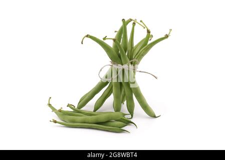 Bundle green beans bonded with jute rope isolated on white background Stock Photo