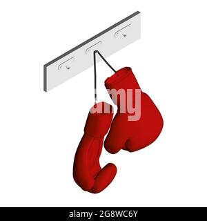 Red boxing gloves hang on a hanger isolated on a white background. 3D. Isometric view. Vector illustration. Stock Vector