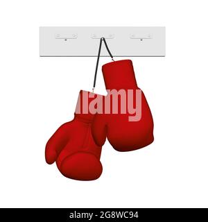 Red boxing gloves hang on a hanger isolated on a white background. 3D. Front view. Vector illustration. Stock Vector