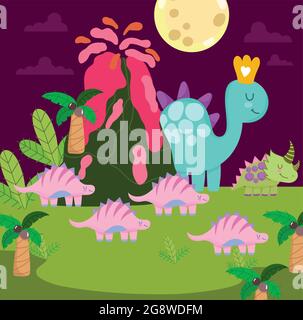 cute dinosaurs in prehistoric scene Stock Vector