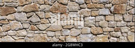 Brown gray panoramic natural stone wall in the sunshine Stock Photo