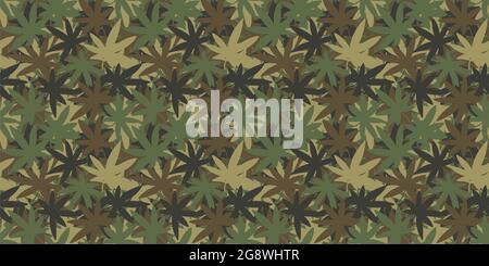 Trendy Abstract Khaki Texture Camouflage With Cannabis Leaves Seamless Pattern Background Vector Illustration Stock Vector