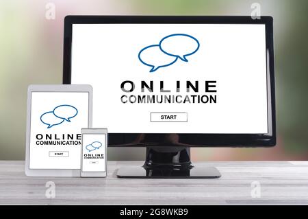 Online communication concept shown on different information technology devices Stock Photo