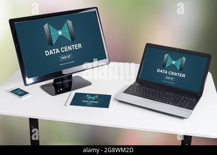 Data center concept shown on different information technology devices ...