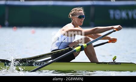 Tokyo, Japan. 23rd July, 2021. Emma Twigg of New Zealand competes during the Women's Single Sculls Heat of the rowing event of the Tokyo 2020 Olympic Games at the Sea Forest Waterway in Tokyo, Japan, July 23, 2021. Credit: Dai Tianfang/Xinhua/Alamy Live News Stock Photo