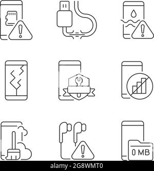 Mobile phone technical issues linear icons set Stock Vector