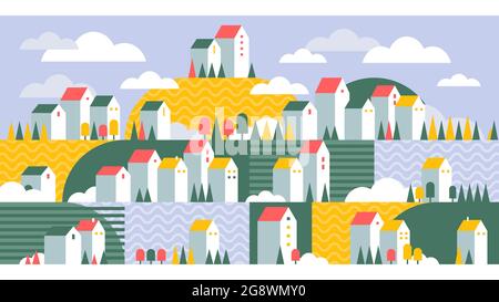Geometric Town Illustration. Colorful Graphic City. High Residential Buildings and Houses. Bright Horizontal Background. Vector illustration Stock Vector