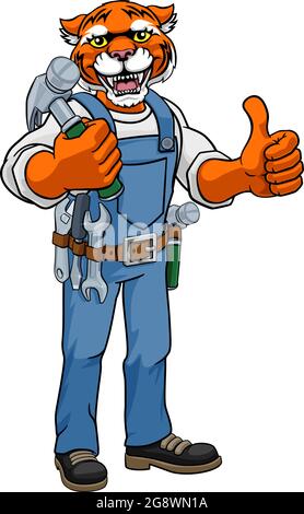 Tiger Mascot Carpenter Handyman Holding Hammer Stock Vector