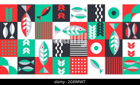 Marine Geometric Background with Colorful Fishes and Seaweed. Underwater World Illustration. Vector illustration Stock Vector