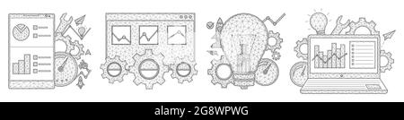 SEO, search engine optimization low poly design. Smartphone, laptop, browser tab, light bulb, gears, speedometer, statistical data polygonal vector il Stock Vector