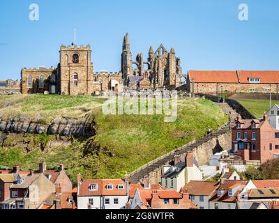 The 199 steps of Church Steps, leading up to the Church of St Mary and Whitby Abbey above the town of Whitby. Stock Photo