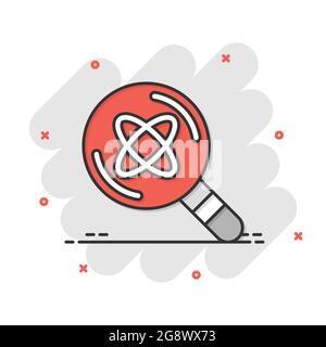 Science magnifier icon in comic style. Virus search cartoon vector illustration on white isolated background. Chemistry dna splash effect business con Stock Vector