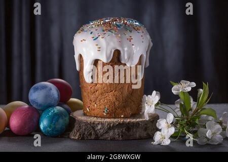 Christian Easter and Easter eggs close up on dark background with copy space Stock Photo