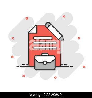 Document note with pen icon in comic style. Paper sheet pencil and briefcase cartoon vector illustration on white background. Notepad document splash Stock Vector
